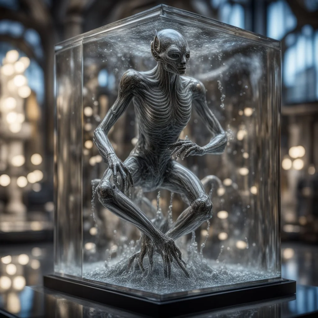 giger escher araknid sculpture in transparent murano glass beeing sprinkled by fountain inside glass box,bokeh like f/0.8, tilt-shift lens 8k, high detail, smooth render, down-light, unreal engine,bokeh like f/0.8, tilt-shift lens 8k, high detail, smooth render, down-light, unreal engine