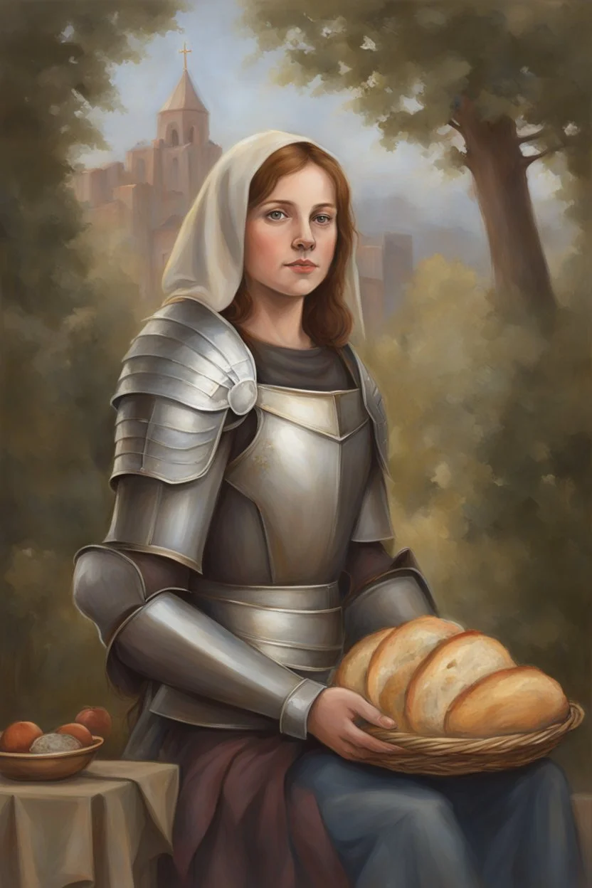 Portrait Art **Featured Art:** Joan, the Philanthropist: A more intimate approach. Joan's armor is replaced by simple garments. She kneels, handing a crust of bread to a child laborer. Her eyes reflect both strength and deep compassion. **Appearance:** evocative portrait concepts of Joan of Arc (an French female / women patron saint of France, honored as a defender of the French nation for her role in the siege of Orléans and her insistence on the coronation of Charles VII of France during the H