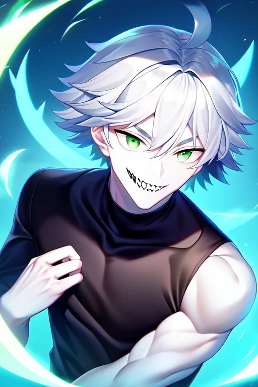 plauge doctor in balck leather clothes with silver hair, pale skin and bright green eyes smiling with sharp teeth, nice young face, male, viscious smile