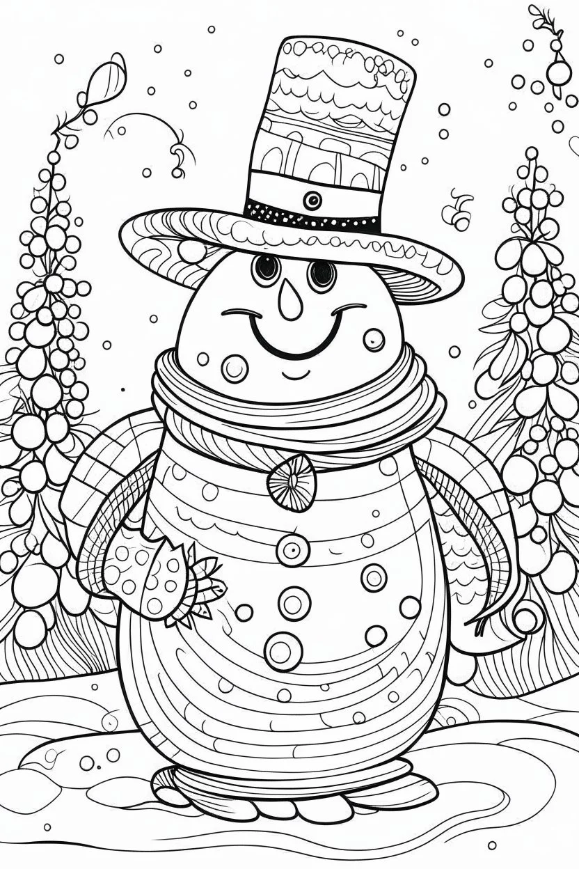 A jolly snowman with a carrot nose and a top hat, surrounded by a winter wonderland of sparkling snow and twinkling lights, clean line art, white background, well outlined, for kids coloring book.