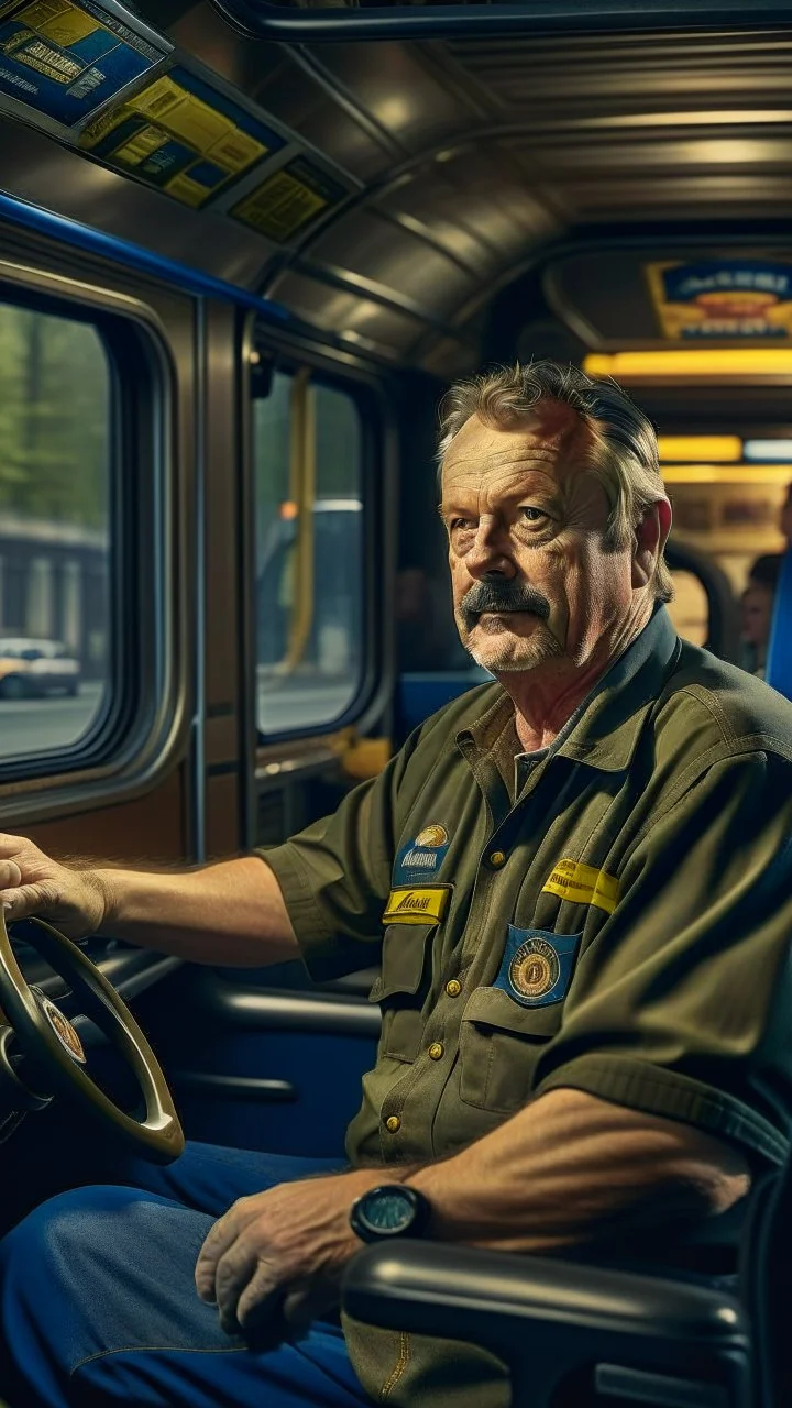 maursluker som busssjåfør som kjører lexbussen, he is holding up beer, shot on Hasselblad h6d-400c, zeiss prime lens, bokeh like f/0.8, tilt-shift lens 8k, high detail, smooth render, down-light, unreal engine, prize winning