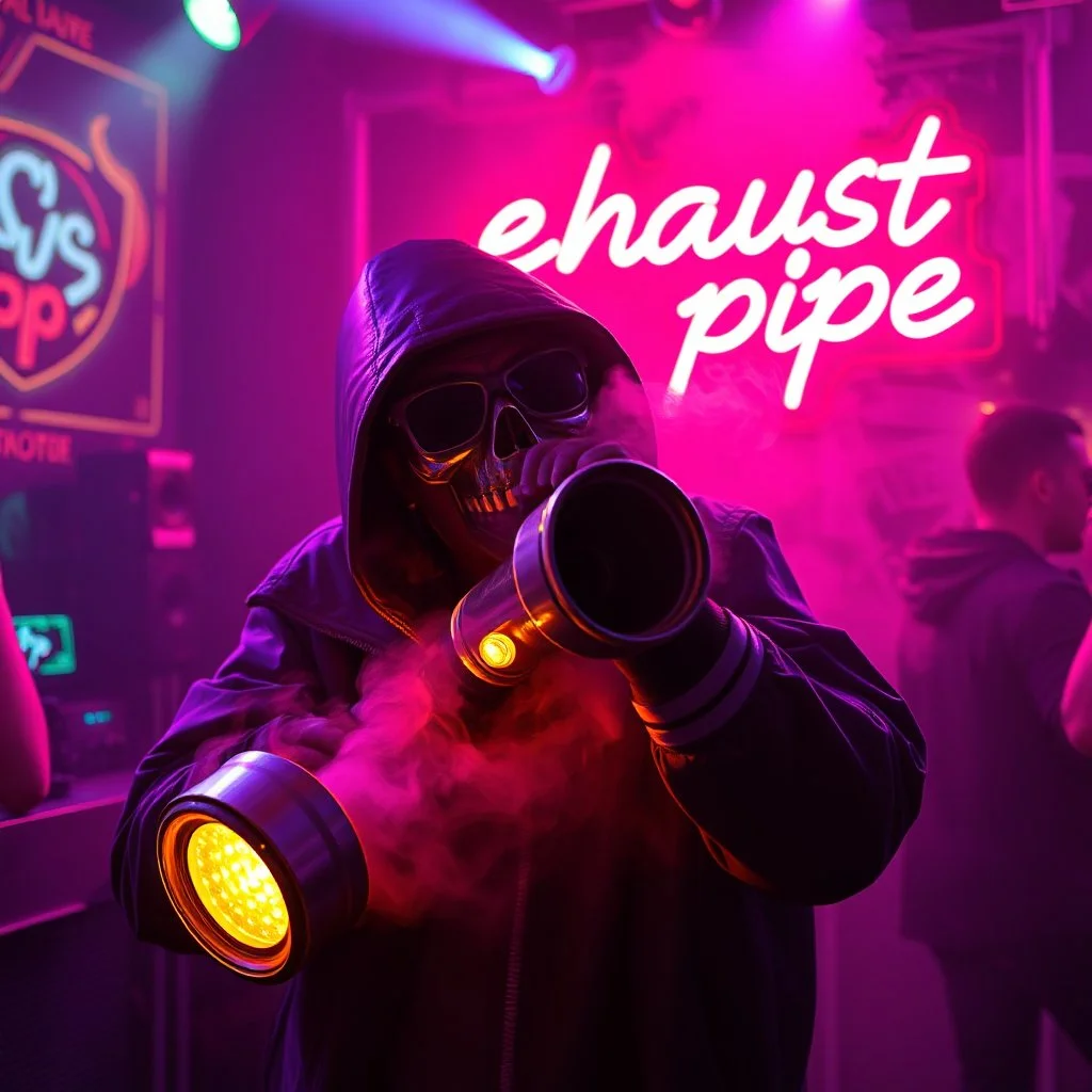 A exhaust pipe performing at dance club, his name is "exhaust pipe" and looks crazy, looks very aggressive look, Neon lights and smog, Im a "exhaust pipe" SIGN ON WALL