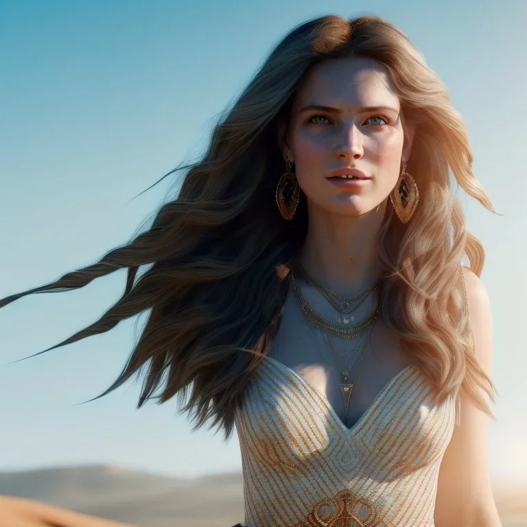 One beautiful portrait of on woman goddess of love and compassion beautiful with lot's of grain on her skin, blue eyes, with natural hair floating in the wind smiling facing camera, dress with celtic shapes and patterns orange color scheme, high key lighting, volumetric light high details with white stripes and feathers unreal 5, octane render, cinema4d, dynamic lighting, dramatic lighting, 4k, redshift render, highly detailed, hyper realistic, backlight, sunset