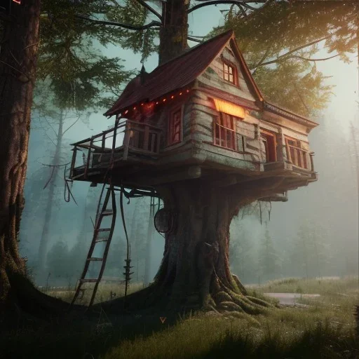 Tree house, fantasy unreal 5, octane render, cinema4d, redshift render, hyper realistic, cenematic, vibrancy, synthwave, retouch, centered, dynamic lighting, dramatic lighting, 4k, highly detailed, attractive beautiful, realistic, virtual reality, epic composition, holographic,