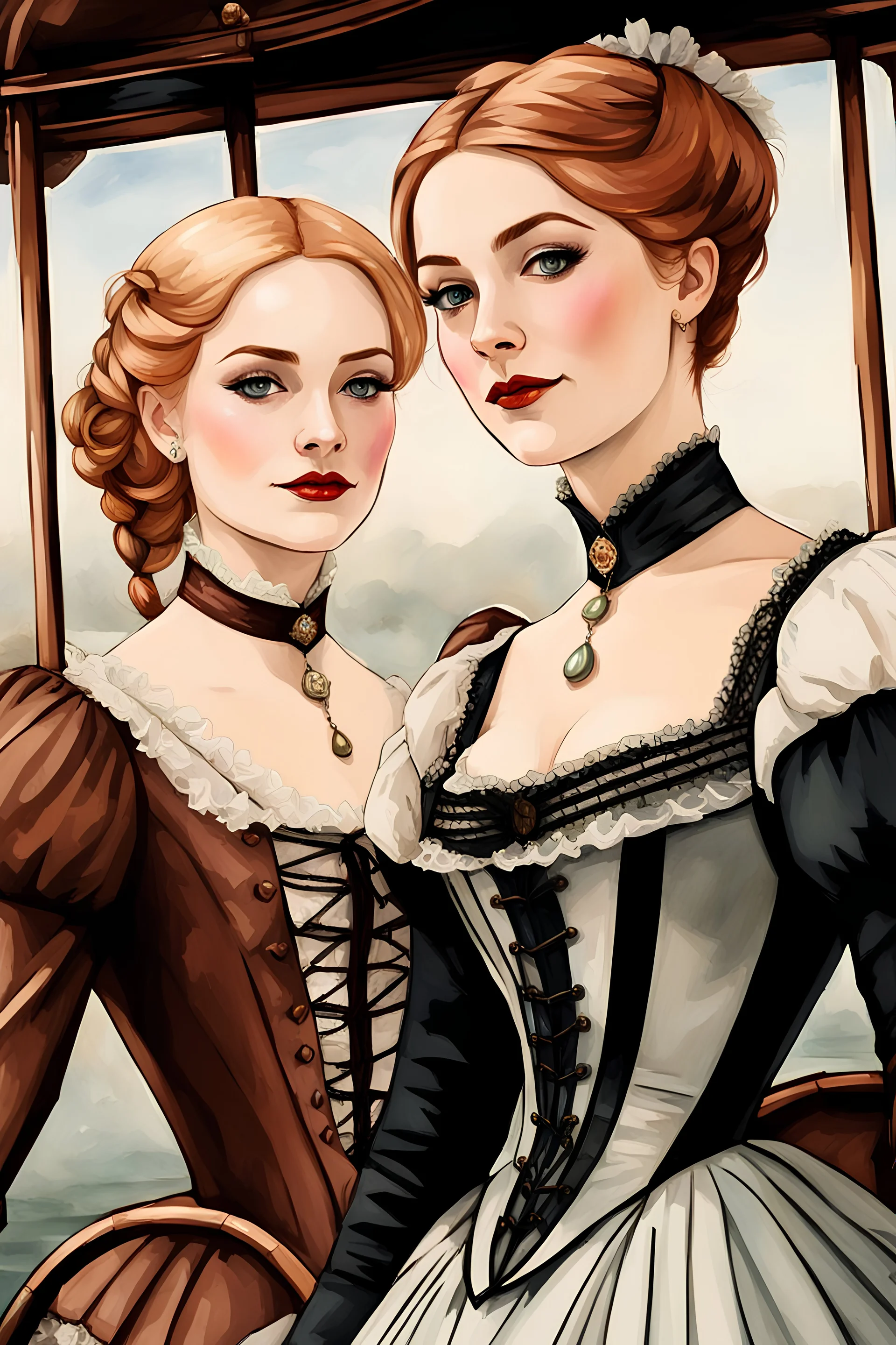 ((Athletic Petite Pale Russian Redhead Woman 30yo, Long Eye Lashes, Eye Shadow, Eye Liner, Wearing A Victorian Dress)), With A ((Blonde British Woman 28yo With Shoulder Length Bob Hair, Beautiful Makeup, Intricate Ear Rings, Wearing A victorian Corset Dress)), by a victorian air ship, water color painting