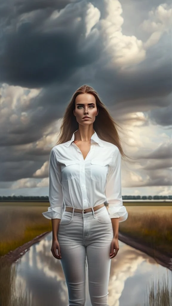 full body shot of a pretty woman, dressed in white shirt, full body portrait, nice perfect face with perfect face, hyper realistic concept, 8k resolution, photography quality, posing for a photo, photo realistic, standing in country side with a small river,nice cloudy sky