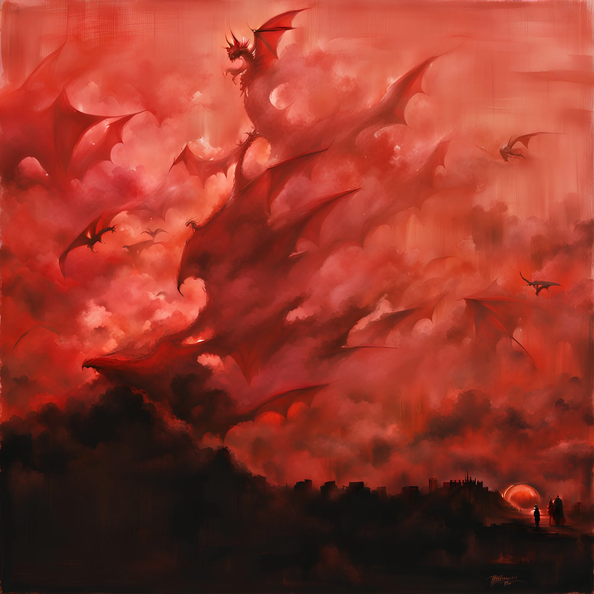 sketch-style painting of a dragon art by Yoji Shinkawa and Valeria Burzo large bats in the background