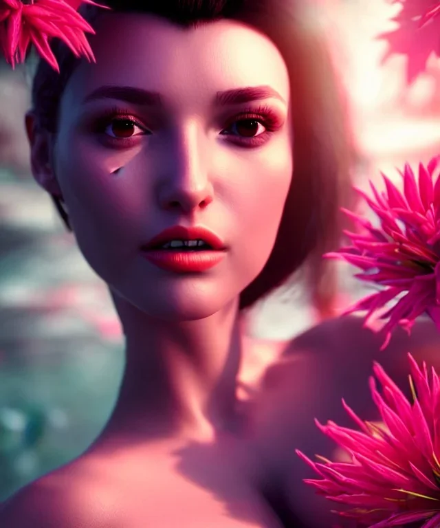 Realistic detailed perfect face portrait of a insane young beautiful woman top model in short open dress. Sensual, volumetric lighting, Unreal Engine 5, 3D Animation Quality, Octane Rendering. A masterpiece. There are water, flowers, vivid colors.