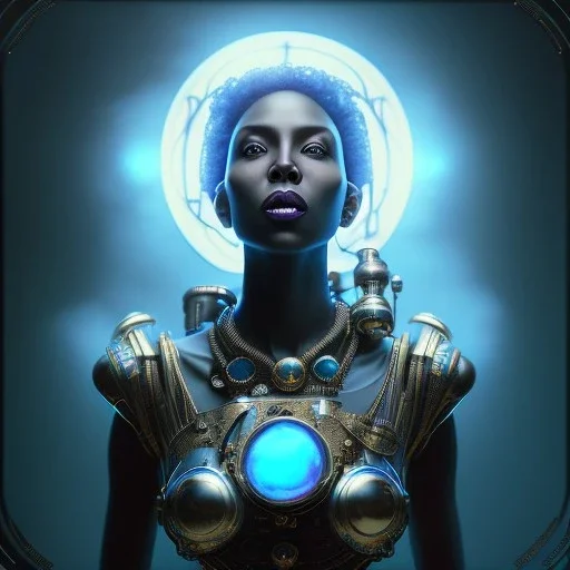 a black woman holding a blue crystal up to the sky and screaming, steam punk, realistic, made in octane, cinematic, ultra-realistic, extremely detailed octane rendering, 8K, VRAY Super Real ar 2:3, dof photorealistic futuristic 50mm lens hard lighting dark gray tintype photograph, realistic lighting