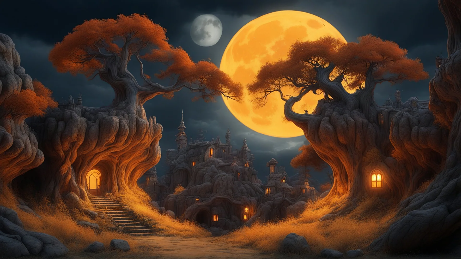 cave on the edge of town near a faraway fairy tale village, full moon, orange, yellow, where the trees twisted like gnarled fingers and the skies brooded with stormy clouds, 8k, high quality, trending art, trending on artstation, sharp focus, studio photo, intricate details, highly detailed, by tim burton