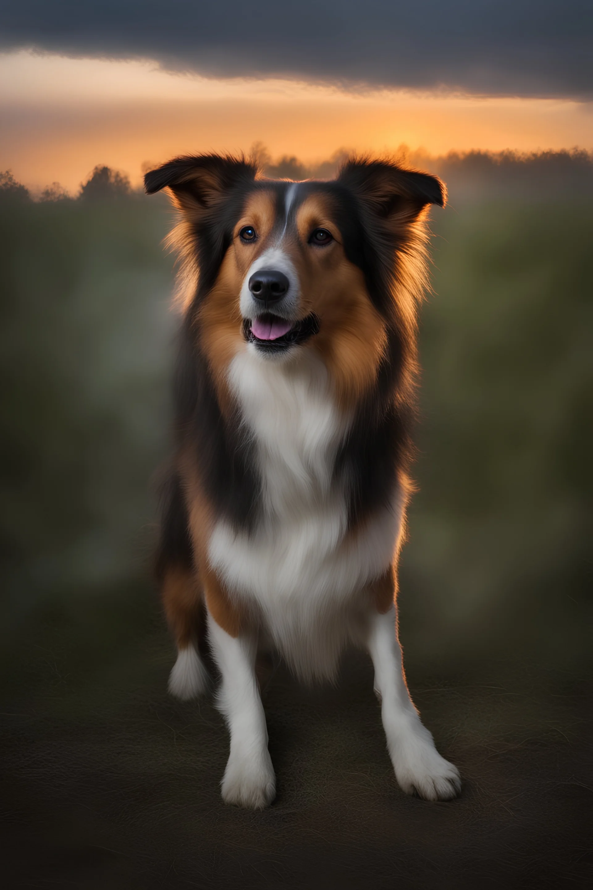 Lassie - gradated Background, professional quality studio 8x10 UHD Digital photograph by Scott Kendall - multicolored spotlight, Photorealistic, realistic stock photo, Professional quality Photograph. colored Fog - Multicolored lightning, 3D heart