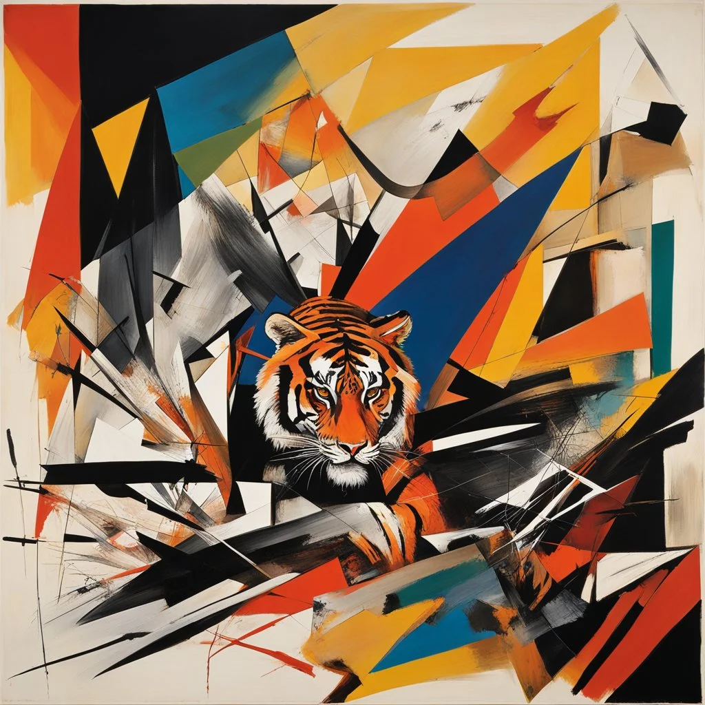 Abstract art, fragmented tiger abstraction by Gerald Scarfe and Colin McCahon and Graham Sutherland, primary sharp colors. precise colliding geometric shapes