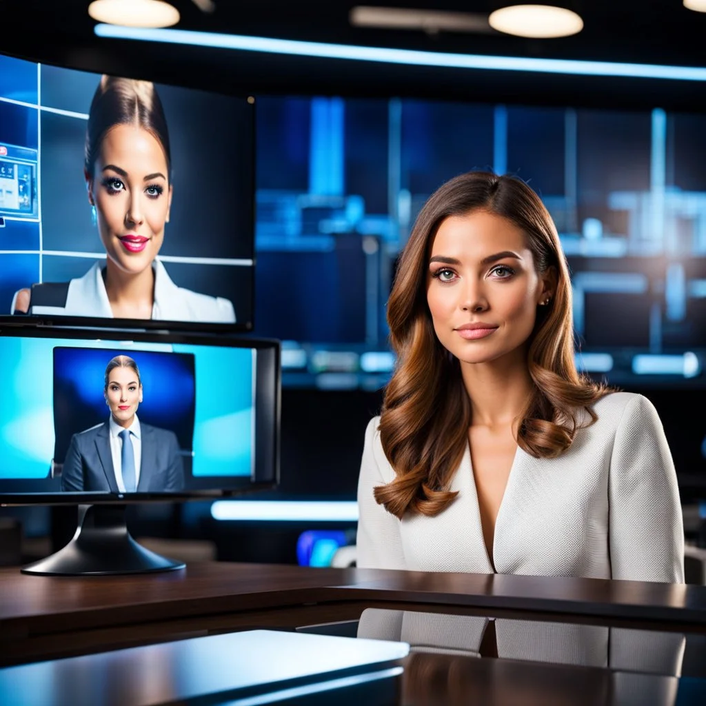 amodern tv studio a beautiful girl perfect face sitting next to desk presenting news looking at camera, with picture of an old man in tv screen at background