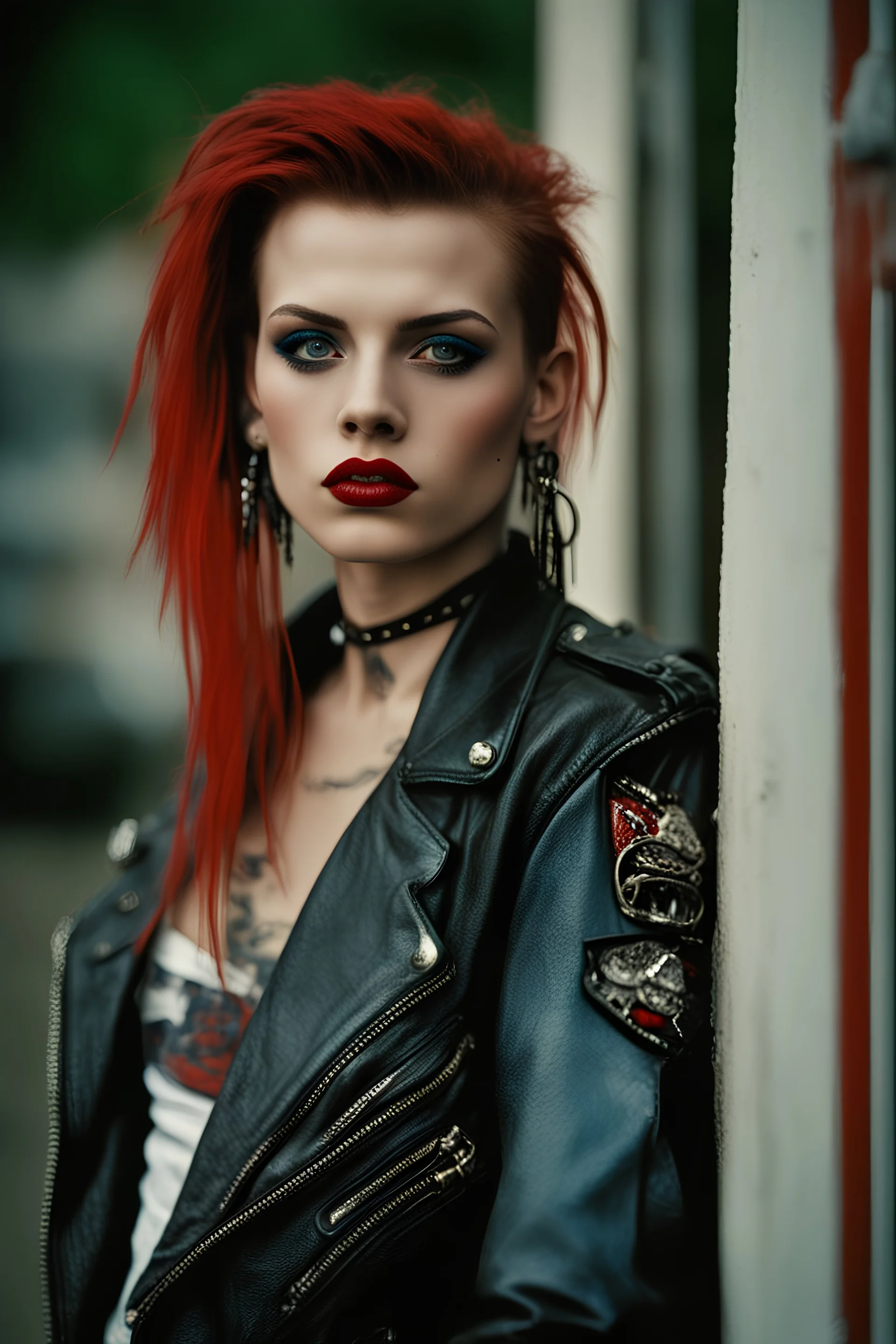 photo of a beautiful Polish young punk woman taken by a Mamiya M645 camera with portrait lens on colour medium-format film, red lips, blue eyes, red mohawk, black leather jacket, Ramones style, fishnet stockings, torn t-shirt, nosering, few earrings, belly ring