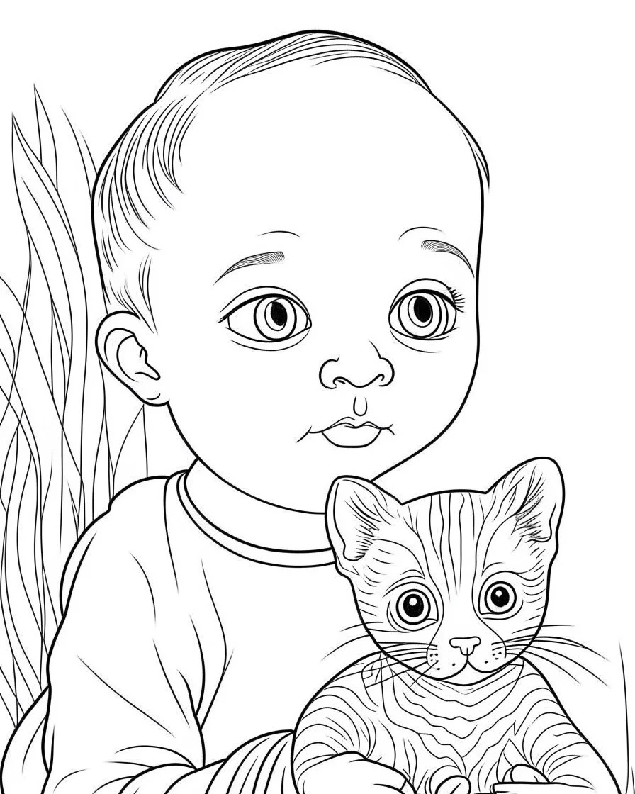 baby kid & pet, full view, realistic face, coloring page, only draw lines, coloring book, clean line art, –no sketch, color, –ar 3:4, white background, minimalistic black lines, minimal black color, low level black colors, coloring page, avoid thick black colors, thin black line art, avoid colors, perfect shape, perfect clear lines,