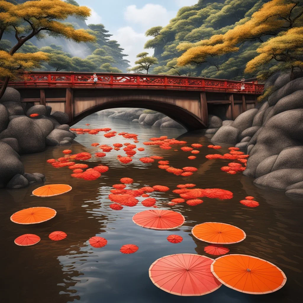 Japanese orange and red paper lanters floating down a Japan river under an ornate wooden bridge, hyperreal