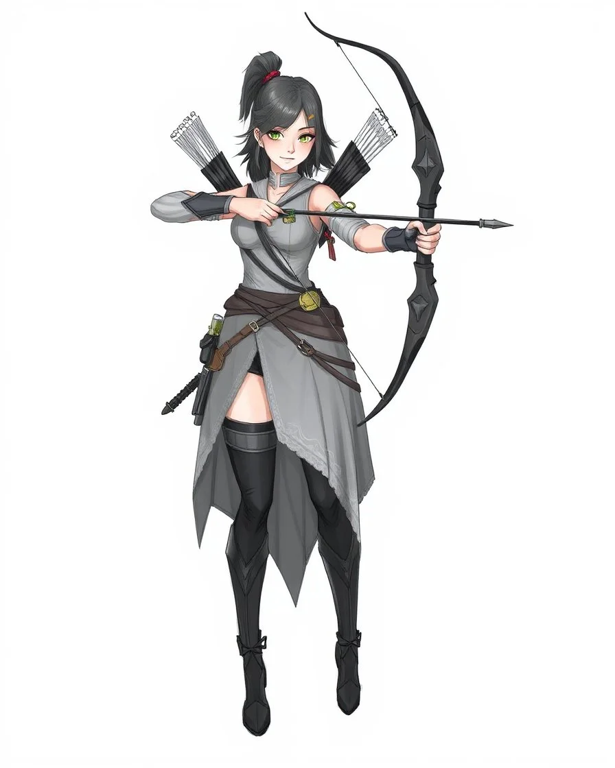 Girl Archer concept art, full body, sketch, coll style, bow