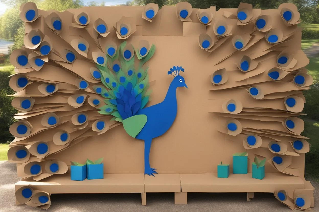 peacock scene made from torn cardboard boxes in sunshine