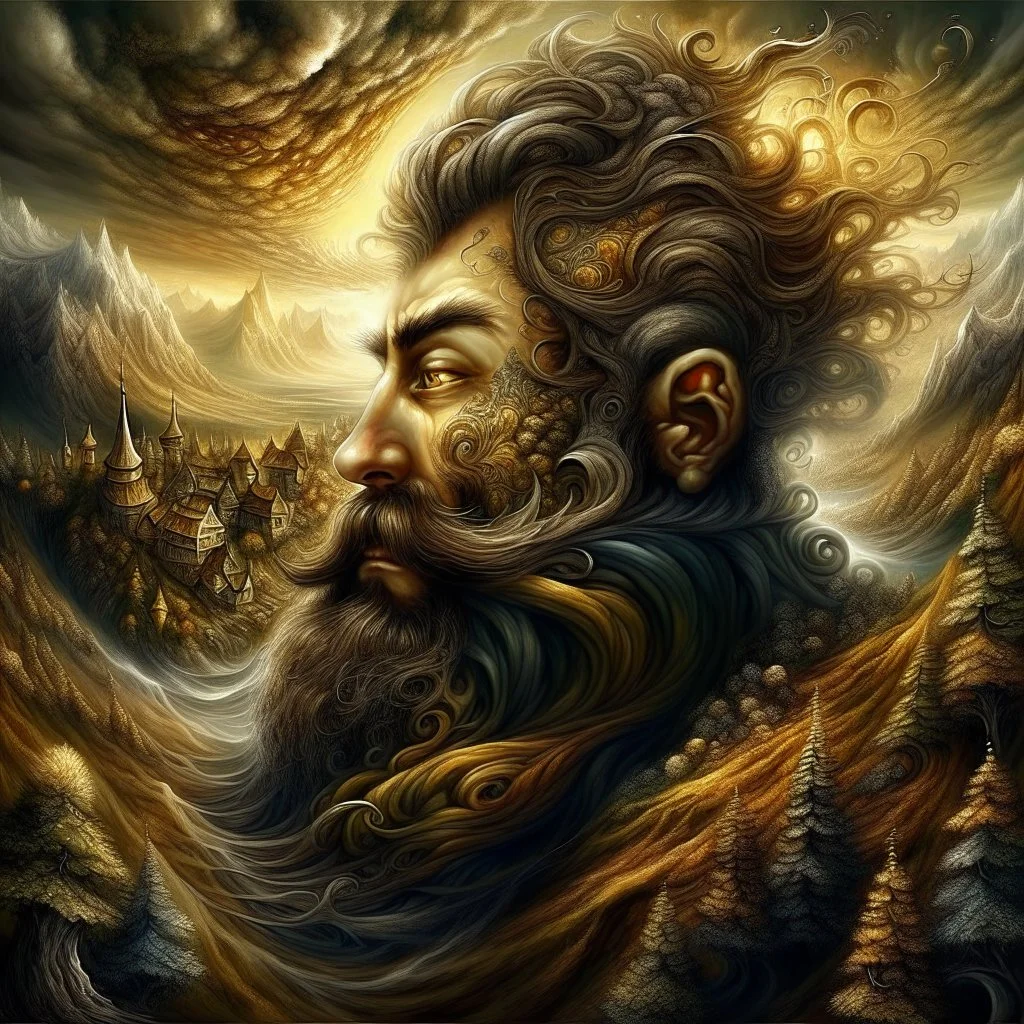 beard is morphing to a landscape, beard is forming to a landscape with focus on (whimsical village is coming out of the beard made of the beard's hair). Modifiers: digital painting dof fantasy intricate 8k oil on canvas masterpiece very attractive beautiful award winning fantastic view high definition crisp quality beautiful lighting dramatic surreal morbid mystical chiaroscuro earth tones symmetrical face no mistakes Dark tones Optical illusion Ray Caesar subtle colors dir