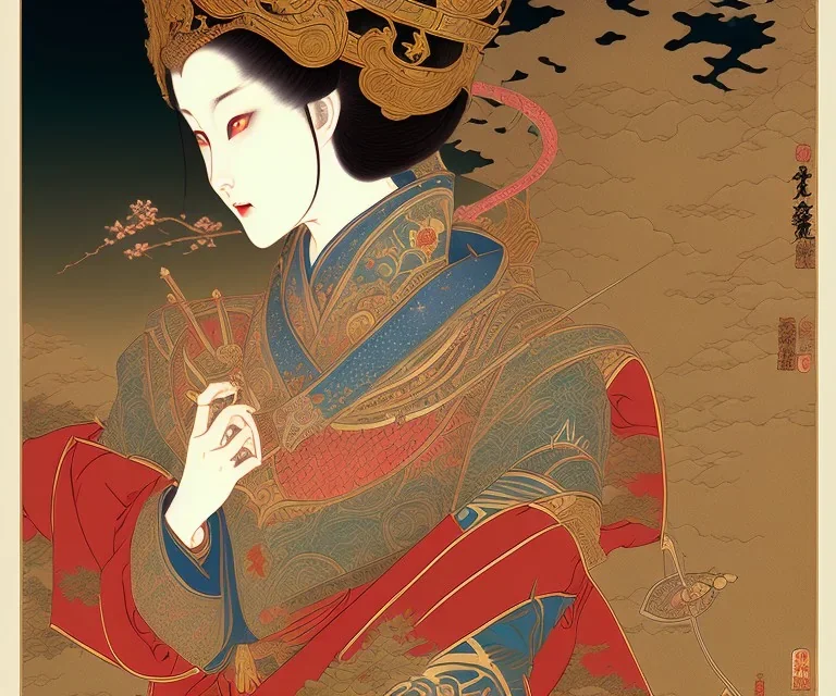 Magical mountain, an elf queen feeds, ukiyo-e