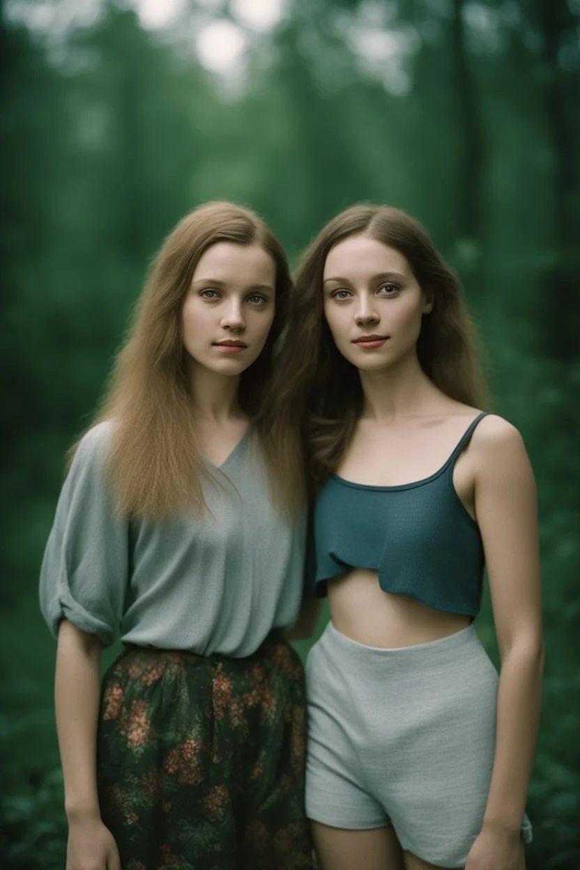 Create a portrait of two young, conterporary women - German and Polish in a romantic relationship. Photo taken by a Mamiya M645 camera with a portrait lens on colour medium-format film