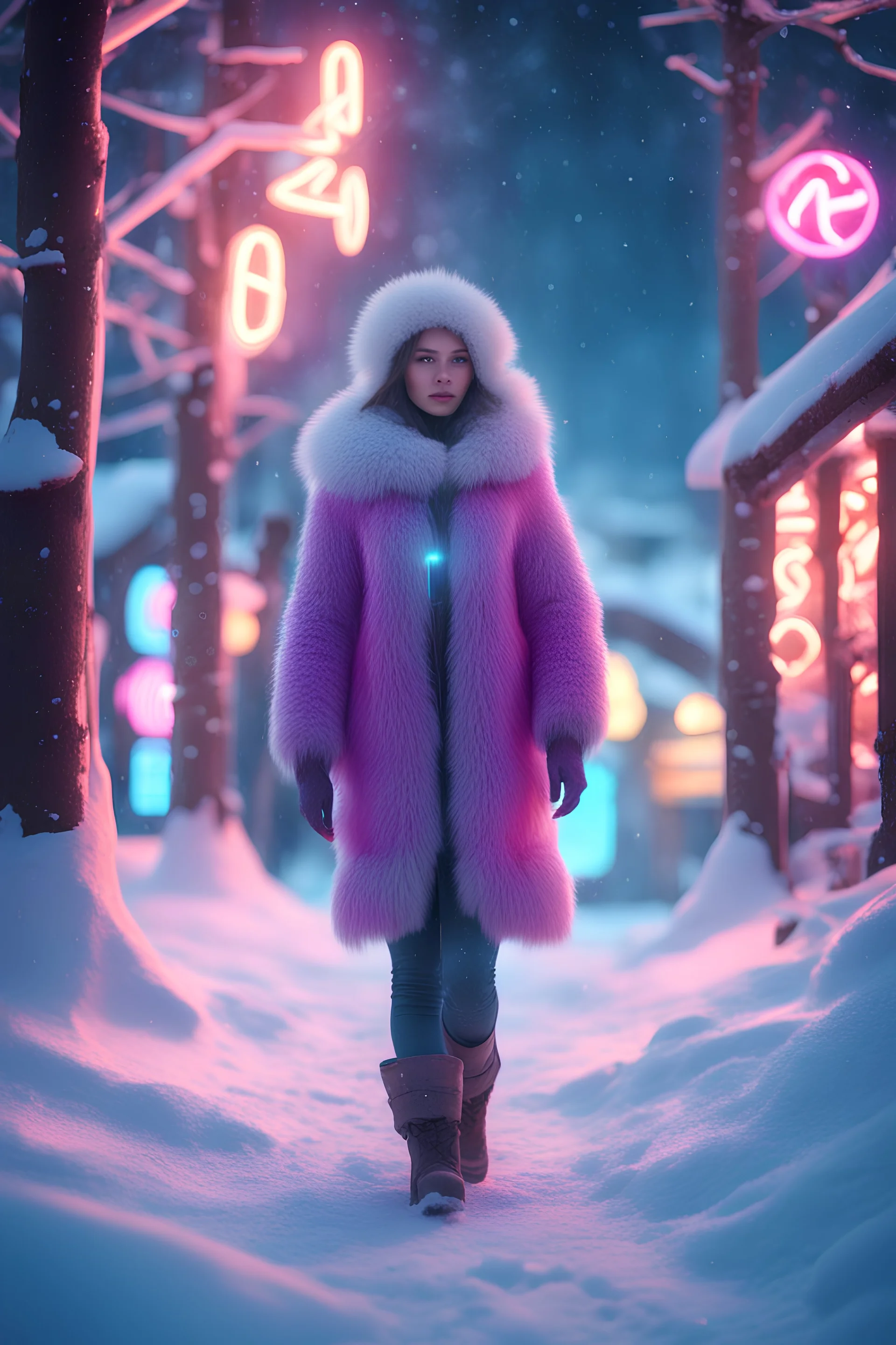 a pretty eskimo woman walks outside, neon lights, winter, snow, fantasy world, 4k