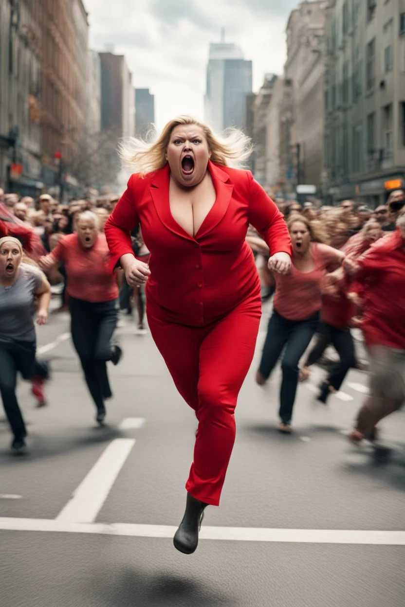 an obese terrified blonde woman in a red pant suit desperately running away from an angry mob of thousands of people chasing her down a city street