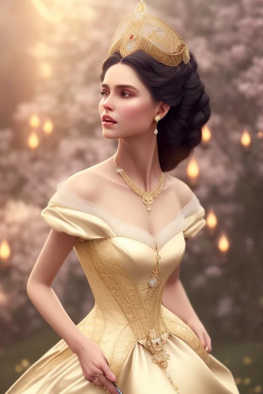 beautiful and gorgerous duchess with incredible jewellery in 19th century clothing by Greg Rutkowski and Artgerm and Emile Vernon and Vladimir Volegov, in a brown dress, mystical castle background, art illustration, natural beauty, muted colors, pastels, perfect fingers, higly detailed, expressive, high detail, symmetrical, digital painting, symmetrical eyes, dynamic lighting, artstation, cinematic lighting, intricate artwork, emitting diodes, smoke, artillery, sparks, racks, system unit, mother