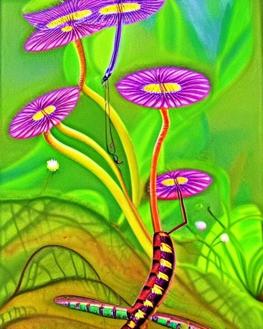 mystical venus fly trap, flowers, jungle, impressionism, soft lighting. trees in background, dragonfly,