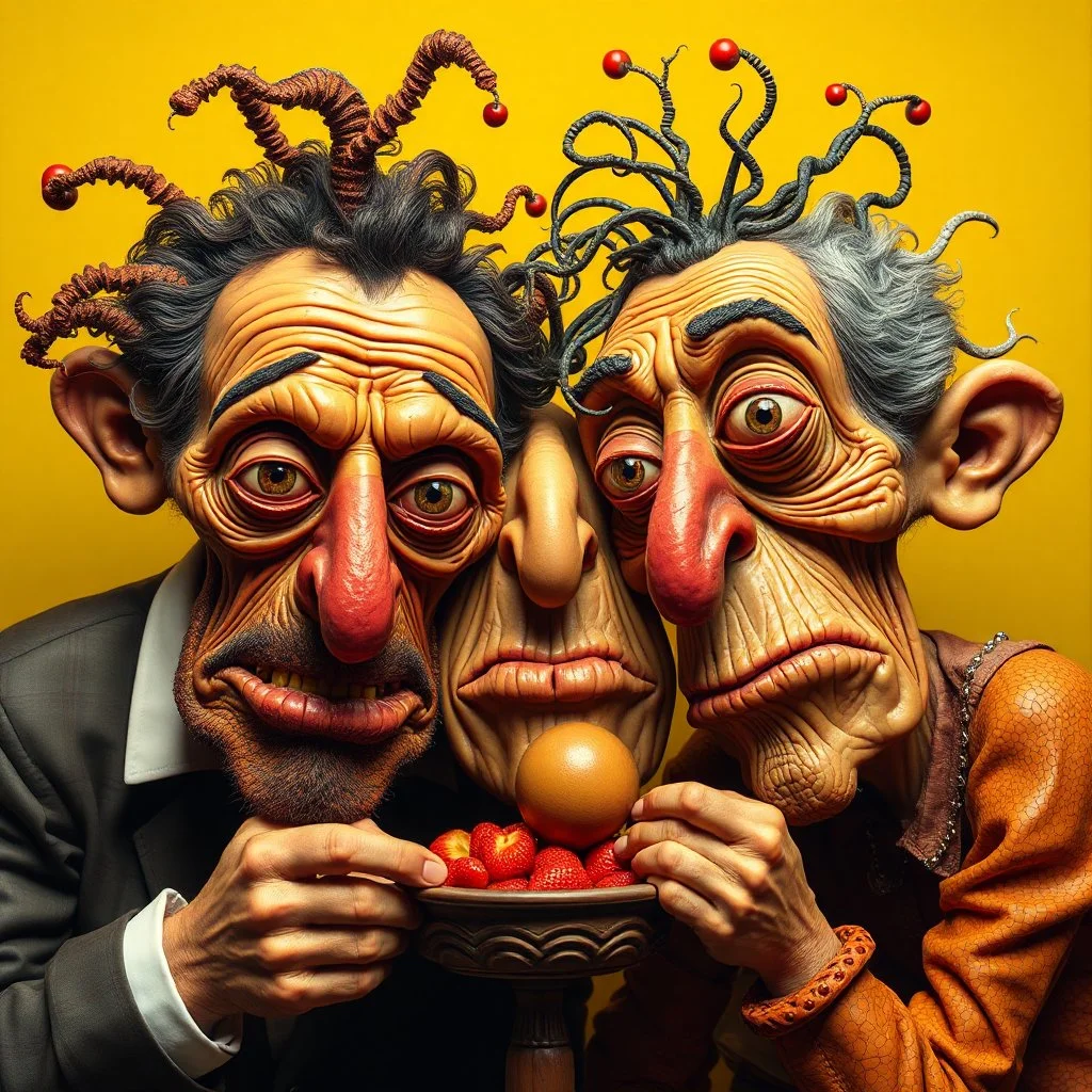 The oddest coagulation and mixture of friends, glossy finish, dine, details very accentuated, stunning style, oniric, Max Ernst, hyperphotography, kiuy, blatant, gross, caricature, very funny