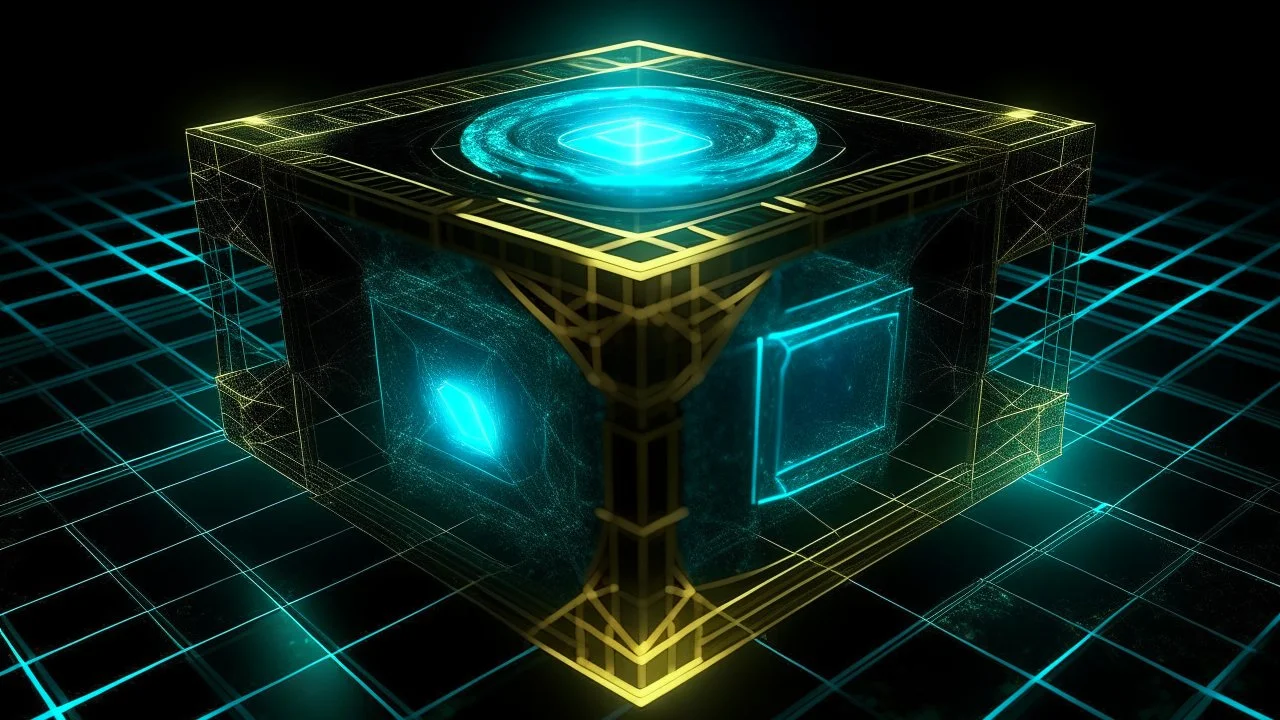 Square tesseract from movie Loki, located strictly in the middle of picture with space around it and with glow in tesseract, but without glow below it, without background or table.