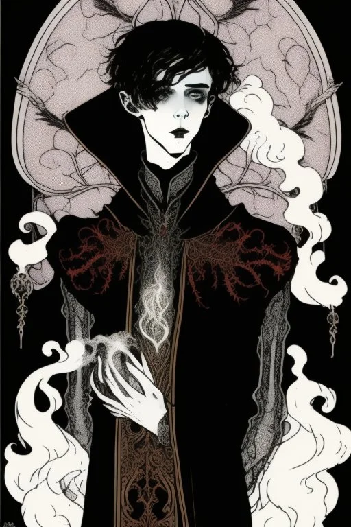 17 year old boy, necromancer, friendly, looks dead, surrounded by weird smoke with eyes, wearing black robes, in the style of Harry Clarke