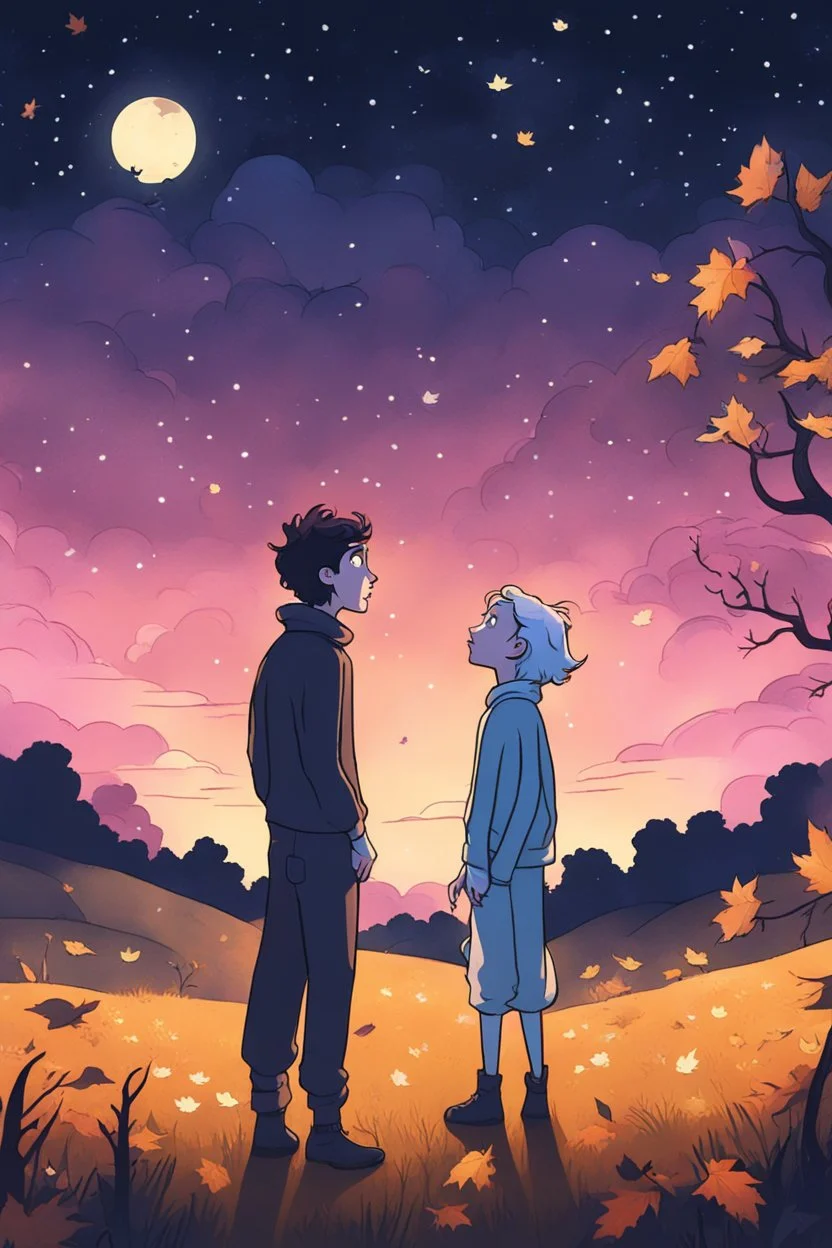 a non-binary person looking up to an ethereal person in a pasture at night during fall cartoon style