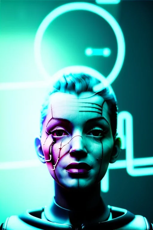 Ultra Realistic image, portrait, blonde woman, Marylin Monroe face, perfect iris, glow eyes, glow makeup. Cyborg, Cyberpunk, ex machina style, wires connected, oversized transparent latex coat, yakuza tattoos body. fog, rain, soft color, highly detailed, unreal engine 5, ray tracing, RTX, lumen lighting, ultra detail, volumetric lighting, 3d, finely drawn, high definition, high resolution.