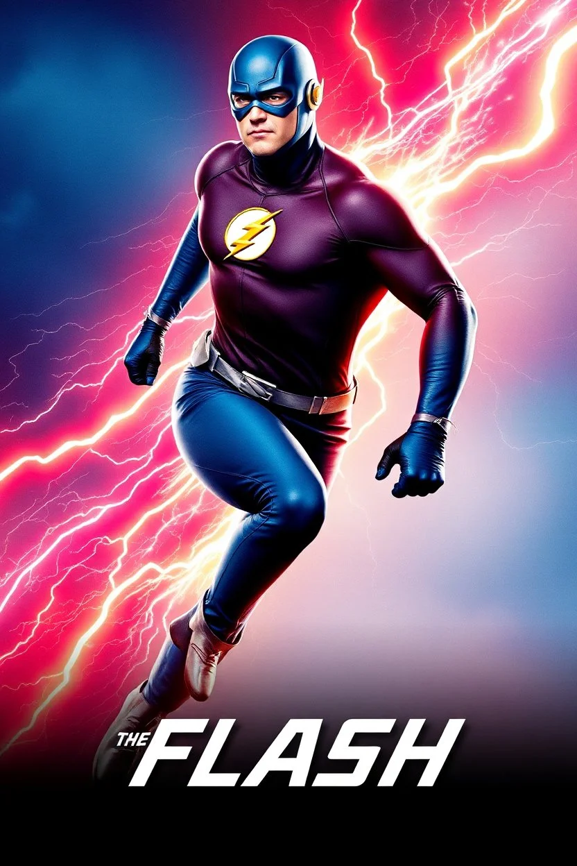 1/4 side view, looking at the viewer, Movie Poster - "THE FLASH" - A massive, thick, extremely muscular, 7'8" tall man, ((skintight, formfitting, long-sleeved, Blue spandex bodysuit:1.5)), ((Silver knee-high boots:1.5)), ((Silve wrist gauntlets, blue fingerless gloves, silver, double holstered utility belt:1.5)), ((skintight, formfitting, blue spandex helmet with blue eye disguise,:1.5)), Running, multicolored lightning emanating from his body, an overly exaggerated muscular stature
