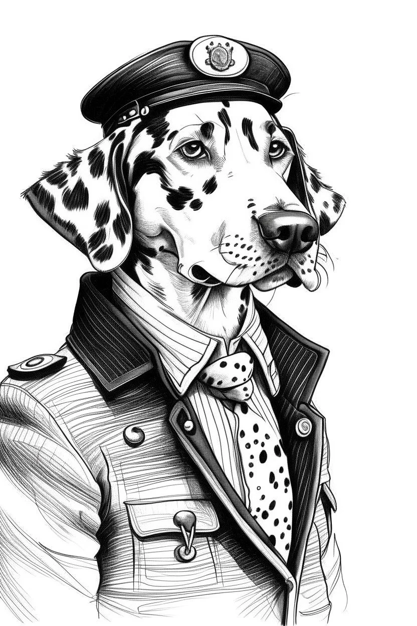 Ink sketch of a dalmatian dressed as a black cab driver