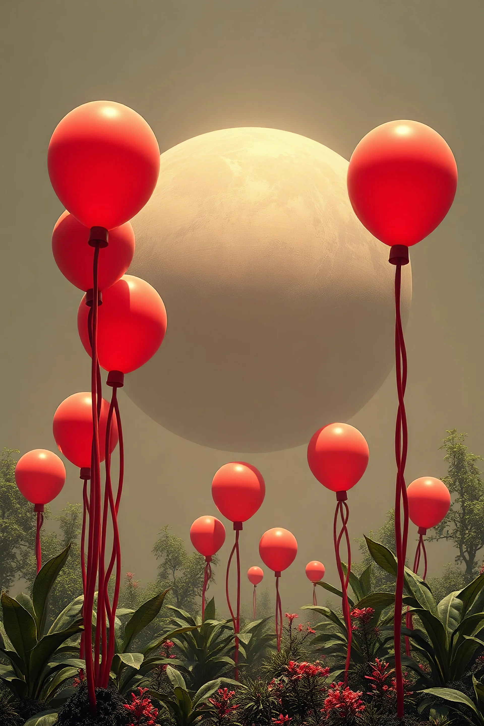 plastic balloon plants and trees, strange liminal dark planet