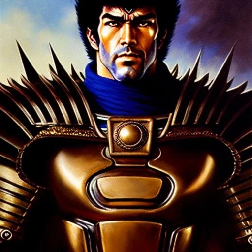 portrait 'Kenshiro-Fist of the north star',ancient metal armor ,painting by gaston bussiere, greg rutkowski, yoji shinkawa, yoshitaka amano, tsutomu nihei, donato giancola, tim hildebrandt, oil on canvas, cinematic composition, extreme detail,fit full head inside picture,16k