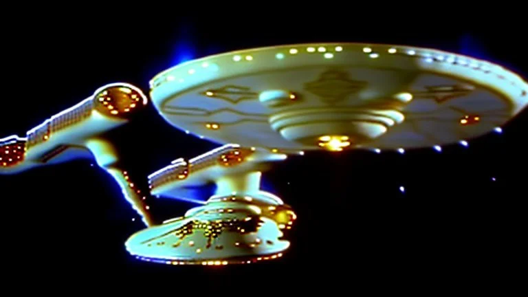 a screen capture from a star trek movie of a battle-damaged starship enterprise IN the year 2380 IS IN A BATTLE with monster ufos sci-fi meticulous, highly-polished, photorealistic, studio production, intricately detailed, GALACTIC, directed by gene Roddenberry, move saucer section forward and nacelles back