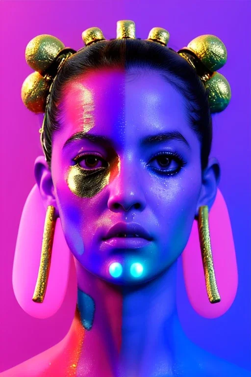 Ultra Realistic image, Rosalía artist, waist up portrait, black eye line, sweet angry face, geisha hair style, spray line make up, geometric, gold, big rings piercing, led ornament, bubble latex coat, cold, led lights, pop style, pink, blue, gold, vibrant color, highly detailed, art stations, concept art, smooth, unreal engine 5, god rays, ray tracing, RTX, lumen lighting, ultra detail, volumetric lighting, 3d, finely drawn, high definition, high resolution.