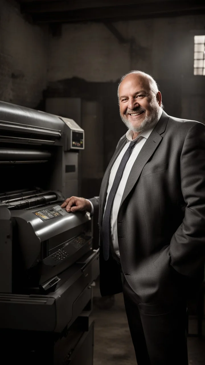 full figure shot photography of an italian smiling strong massive big chubby 50 year old man in smart gray suit, manly chest, unbuttoned shirt, short beard, shirtless, printer in an old printing house, next to a huge old printer, dim light, side light, ambient occlusion