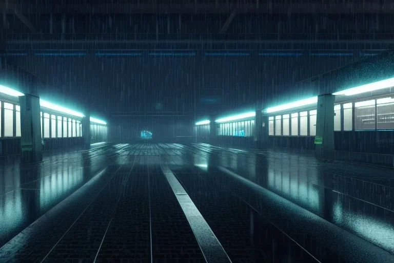 equirectangular projection grid of a futuristic bladerunner cyberpunk trainstation in the rain at night, volumetric lighting 4k spherical panorama realityengine photorender hyperdetailed cinematic