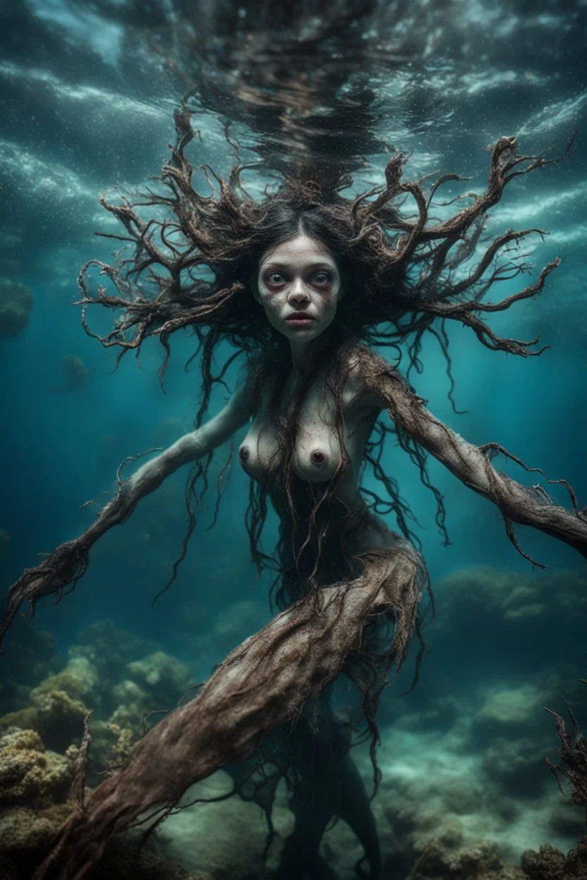 Underwater, closeup siren with big eyes, ragged clothes, fullbody, his skin translucent, black veins that extended like roots, 8k,macro photography,