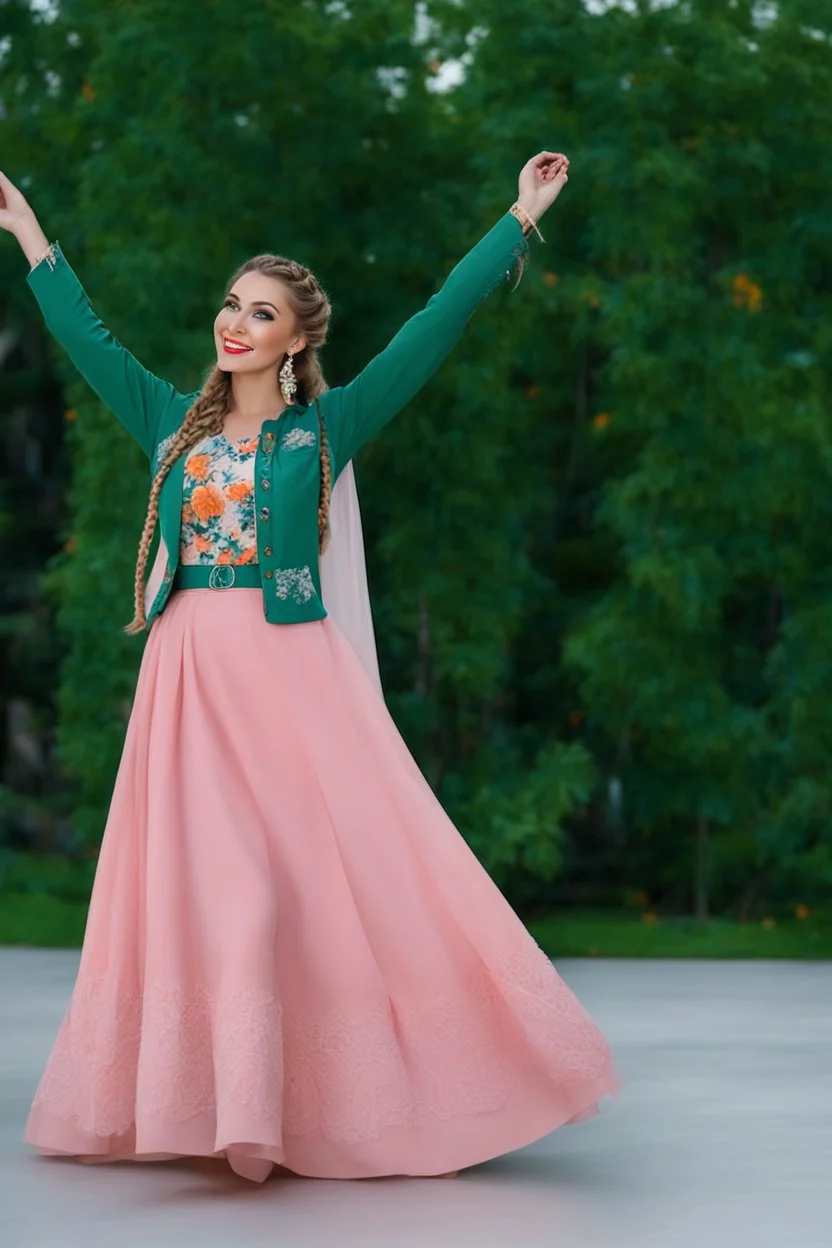 full body of very beautiful lady midi blue skirt and orange bluse , Braided hair ,standing idle happy pose in studio pretty makeup