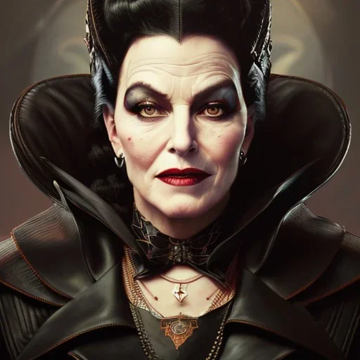 painting of evil queen in black leather, angry, strong, volouptous, busty, cleavage, emperious, mature, highly detailed, digital painting, artstation, concept art, smooth, sharp focus, illustration, art by gaston bussiere and alphonse mucha