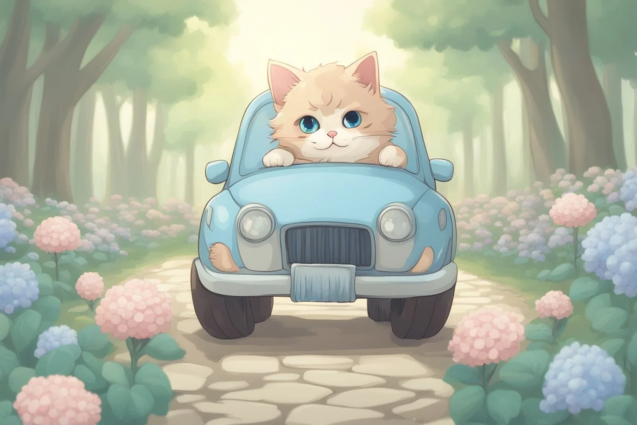 a cute proud chibi fluffy beige cat driving a car made of flower buds: roses, forget-me-nots, hydrangeaes on a cobblestone road in a forest next to a pond in sunshine