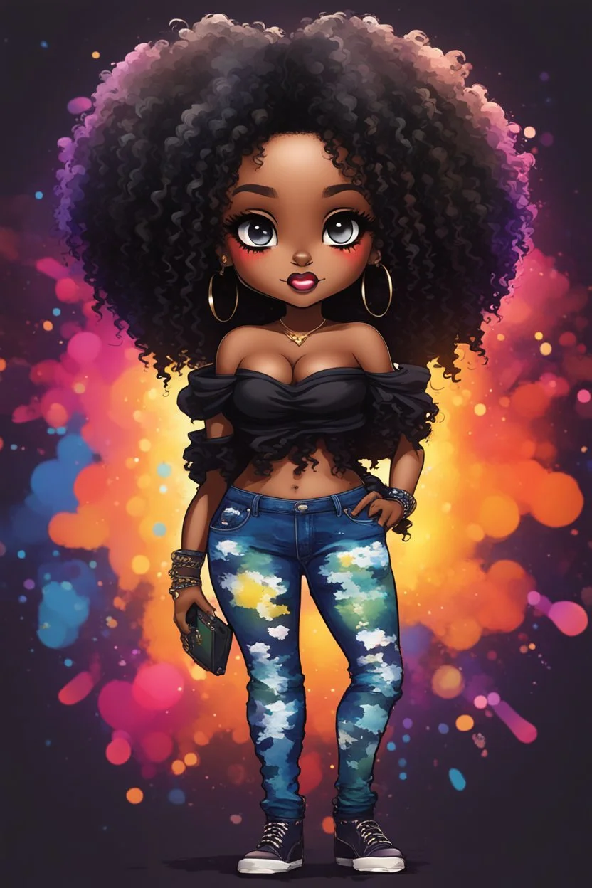 create a colorful abstract silhouette art image 8k of a chibi curvy black female wearing torn jeans pants and a black tie dye off the shoulder blouse. Prominent make up with hazel eyes. Highly detailed long tight curly afro in a hair wrap.