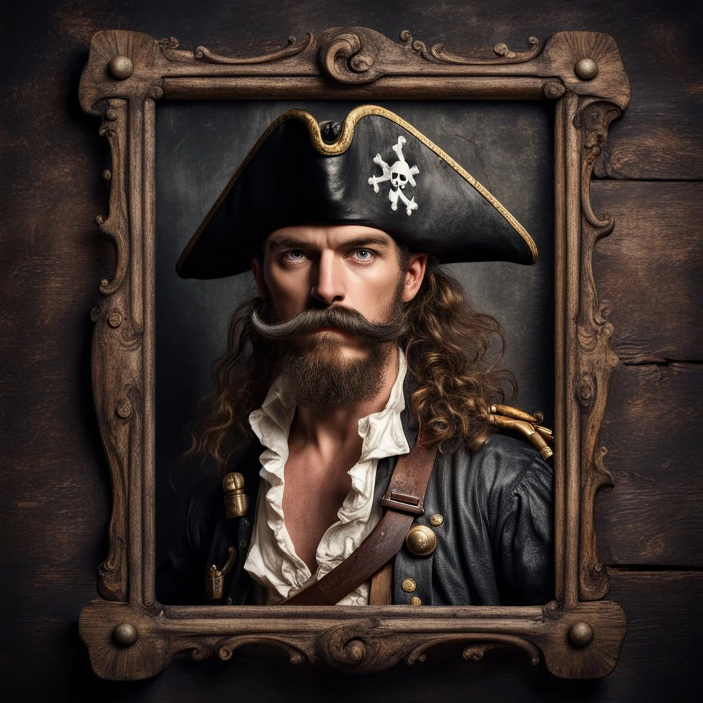 Hyper Realistic vintage frame portrait of a pirate with thick moustache with his sword on a rustic dark wall