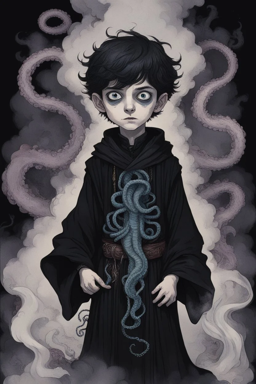 7 year old boy, necromancer, friendly, with a tentacle coming out of his stomach, surrounded by weird smoke with eyes, wearing black robes, in the style of Harry Clarke
