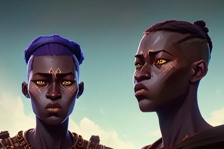 african head portrait, warrior costume,man and woman face ,village, meditation, woods, galaxy sky, 8k quality, unity engine, bloom,cinematic lighting,blue tone, octane render,